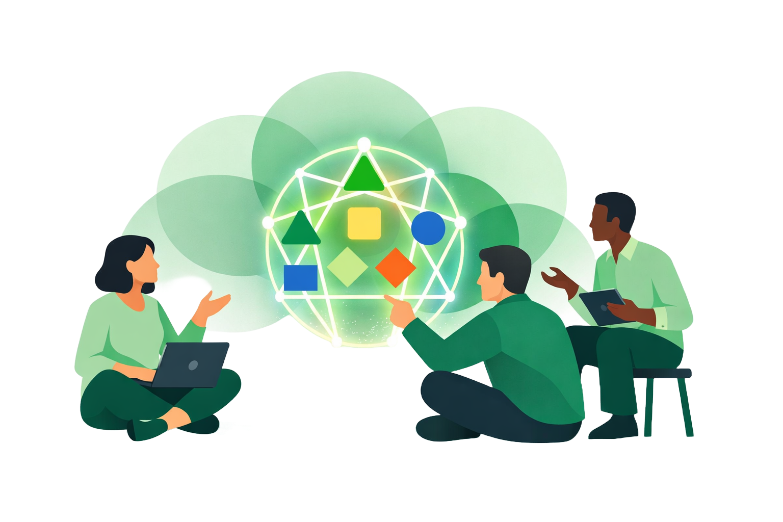 Three colleagues collaborating around a personality framework diagram