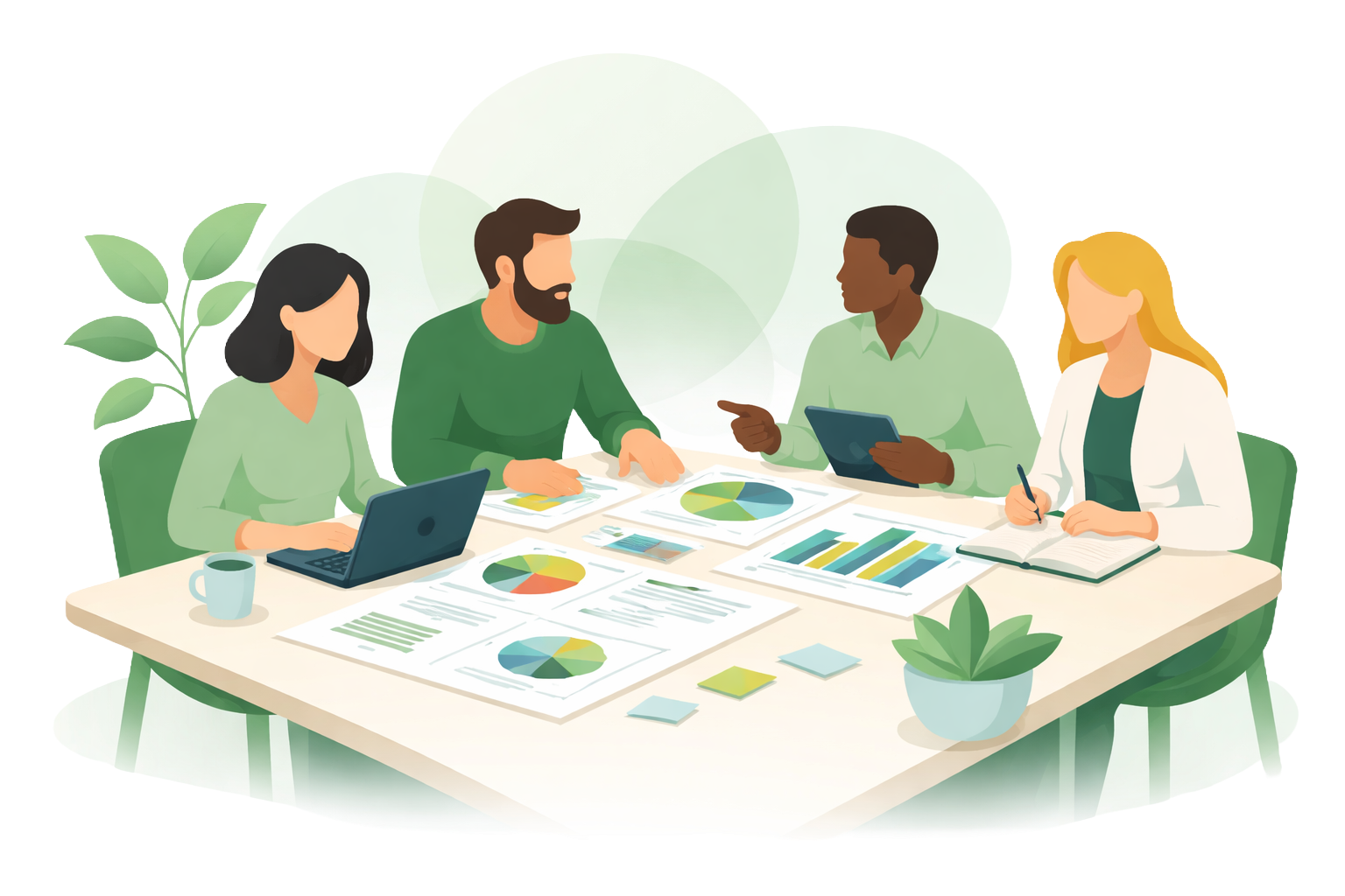 Team reviewing candidate assessment reports around a table